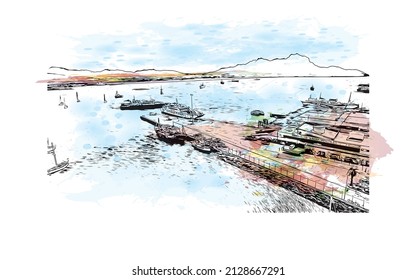 Building view with landmark of Mindelo is a port city in Cape Verde. Watercolor splash with hand drawn sketch illustration in vector.