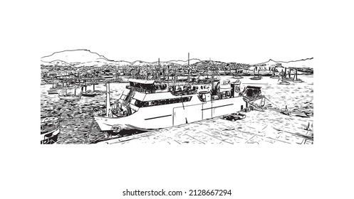 Building view with landmark of Mindelo is a port city in Cape Verde. Hand drawn sketch illustration in vector.