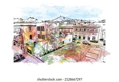 Building view with landmark of Mindelo is a port city in Cape Verde. Watercolor splash with hand drawn sketch illustration in vector.