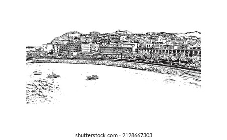 Building view with landmark of Mindelo is a port city in Cape Verde. Hand drawn sketch illustration in vector.