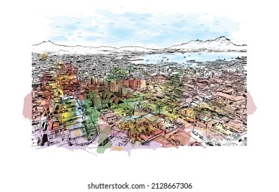 Building view with landmark of Mindelo is a port city in Cape Verde. Watercolor splash with hand drawn sketch illustration in vector.