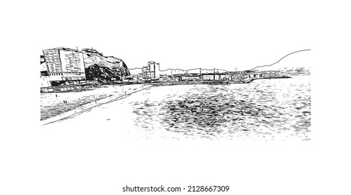 Building view with landmark of Mindelo is a port city in Cape Verde. Hand drawn sketch illustration in vector.