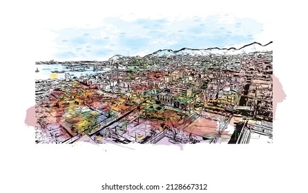 Building view with landmark of Mindelo is a port city in Cape Verde. Watercolor splash with hand drawn sketch illustration in vector.