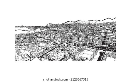 Building view with landmark of Mindelo is a port city in Cape Verde. Hand drawn sketch illustration in vector.