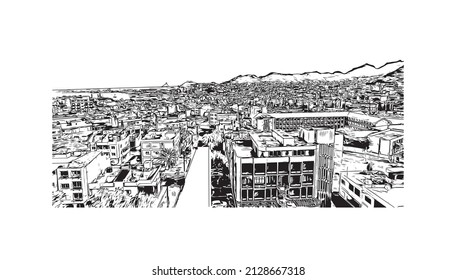 Building view with landmark of Mindelo is a port city in Cape Verde. Hand drawn sketch illustration in vector.