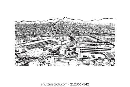 Building view with landmark of Mindelo is a port city in Cape Verde. Hand drawn sketch illustration in vector.