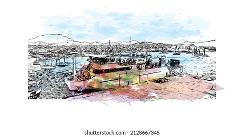 Building view with landmark of Mindelo is a port city in Cape Verde. Watercolor splash with hand drawn sketch illustration in vector.