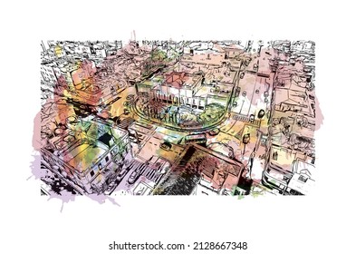 Building view with landmark of Mindelo is a port city in Cape Verde. Watercolor splash with hand drawn sketch illustration in vector.