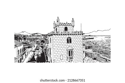 Building view with landmark of Mindelo is a port city in Cape Verde. Hand drawn sketch illustration in vector.