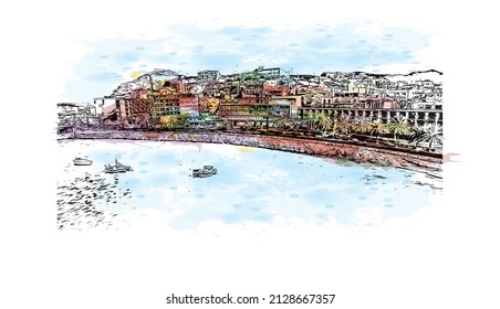 Building view with landmark of Mindelo is a port city in Cape Verde. Watercolor splash with hand drawn sketch illustration in vector.