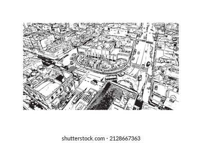 Building view with landmark of Mindelo is a port city in Cape Verde. Hand drawn sketch illustration in vector.