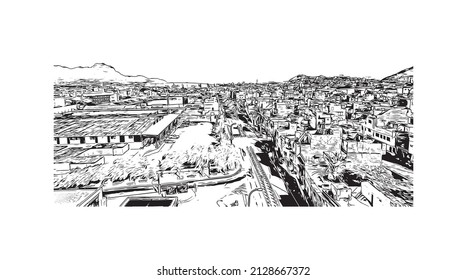 Building view with landmark of Mindelo is a port city in Cape Verde. Hand drawn sketch illustration in vector.