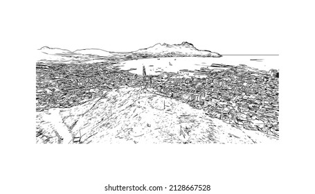 Building view with landmark of Mindelo is a port city in Cape Verde. Hand drawn sketch illustration in vector.