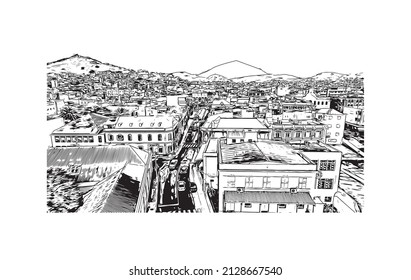 Building view with landmark of Mindelo is a port city in Cape Verde. Hand drawn sketch illustration in vector.