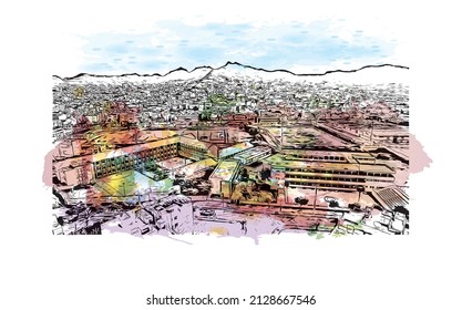 Building view with landmark of Mindelo is a port city in Cape Verde. Watercolor splash with hand drawn sketch illustration in vector.