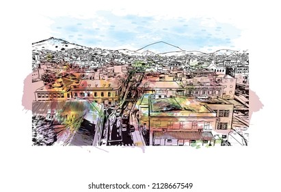 Building view with landmark of Mindelo is a port city in Cape Verde. Watercolor splash with hand drawn sketch illustration in vector.