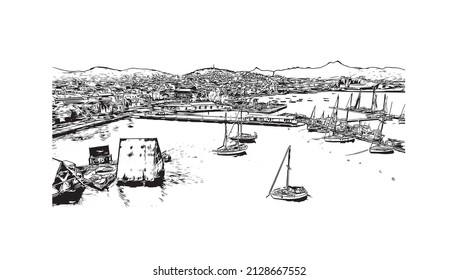 Building view with landmark of Mindelo is a port city in Cape Verde. Hand drawn sketch illustration in vector.