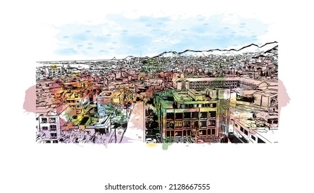 Building view with landmark of Mindelo is a port city in Cape Verde. Watercolor splash with hand drawn sketch illustration in vector.