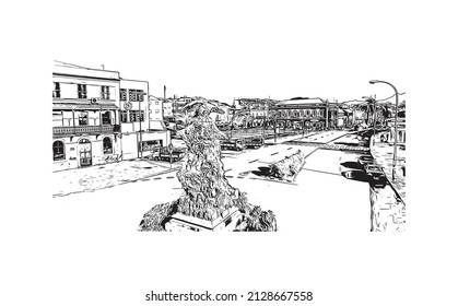 Building view with landmark of Mindelo is a port city in Cape Verde. Hand drawn sketch illustration in vector.