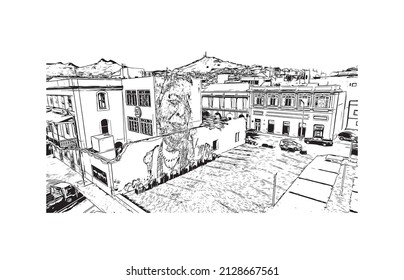 Building view with landmark of Mindelo is a port city in Cape Verde. Hand drawn sketch illustration in vector.