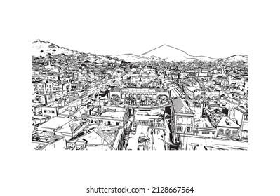 Building view with landmark of Mindelo is a port city in Cape Verde. Hand drawn sketch illustration in vector.