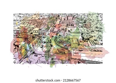 Building view with landmark of Mindelo is a port city in Cape Verde. Watercolor splash with hand drawn sketch illustration in vector.