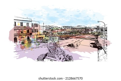 Building view with landmark of Mindelo is a port city in Cape Verde. Watercolor splash with hand drawn sketch illustration in vector.