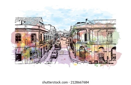 Building view with landmark of Mindelo is a port city in Cape Verde. Watercolor splash with hand drawn sketch illustration in vector.