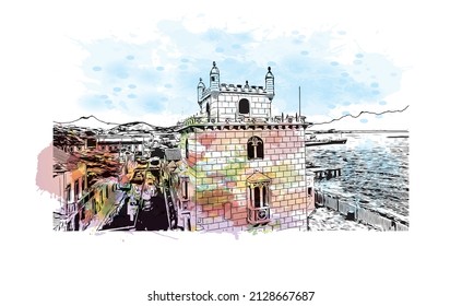 Building view with landmark of Mindelo is a port city in Cape Verde. Watercolor splash with hand drawn sketch illustration in vector.