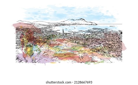 Building view with landmark of Mindelo is a port city in Cape Verde. Watercolor splash with hand drawn sketch illustration in vector.