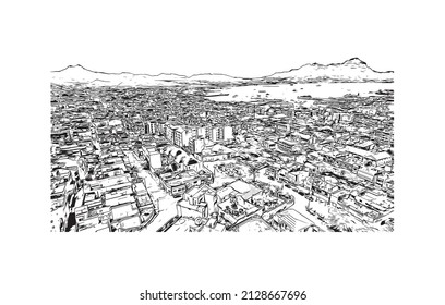 Building view with landmark of Mindelo is a port city in Cape Verde. Hand drawn sketch illustration in vector.