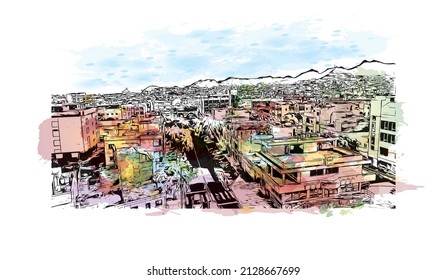 Building view with landmark of Mindelo is a port city in Cape Verde. Watercolor splash with hand drawn sketch illustration in vector.