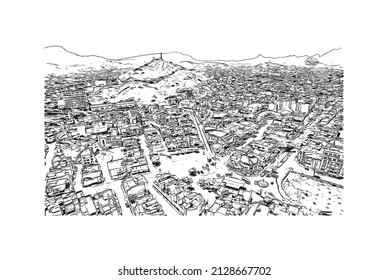 Building view with landmark of Mindelo is a port city in Cape Verde. Hand drawn sketch illustration in vector.