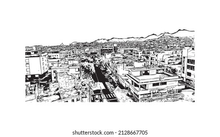 Building view with landmark of Mindelo is a port city in Cape Verde. Hand drawn sketch illustration in vector.