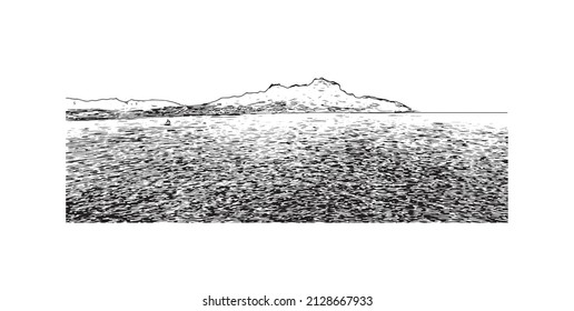 Building view with landmark of Mindelo is a port city in Cape Verde. Hand drawn sketch illustration in vector.