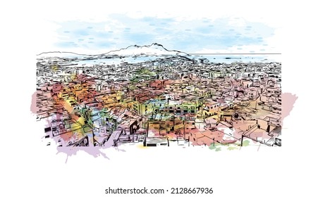 Building view with landmark of Mindelo is a port city in Cape Verde. Watercolor splash with hand drawn sketch illustration in vector.