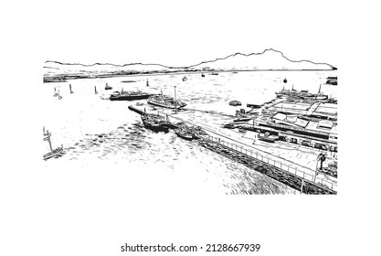 Building view with landmark of Mindelo is a port city in Cape Verde. Hand drawn sketch illustration in vector.