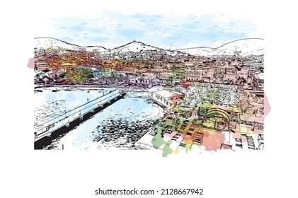 Building view with landmark of Mindelo is a port city in Cape Verde. Watercolor splash with hand drawn sketch illustration in vector.