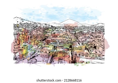 Building view with landmark of Mindelo is a port city in Cape Verde. Watercolor splash with hand drawn sketch illustration in vector.