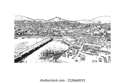 Building view with landmark of Mindelo is a port city in Cape Verde. Hand drawn sketch illustration in vector.