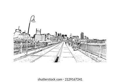 Building view with landmark of Minneapolis is the 
city in Minnesota. Hand drawn sketch illustration in vector.