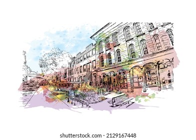 Building view with landmark of Minneapolis is the 
city in Minnesota. Watercolor splash with hand drawn sketch illustration in vector.