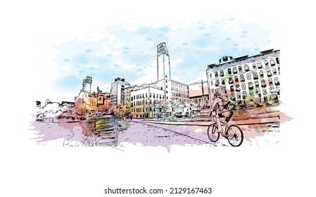 Building view with landmark of Minneapolis is the 
city in Minnesota. Watercolor splash with hand drawn sketch illustration in vector.