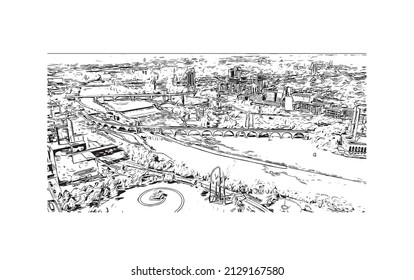 Building view with landmark of Minneapolis is the 
city in Minnesota. Hand drawn sketch illustration in vector.