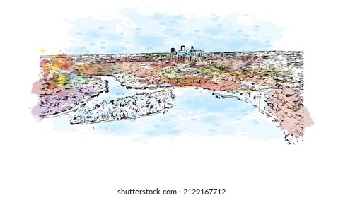 Building view with landmark of Minneapolis is the 
city in Minnesota. Watercolor splash with hand drawn sketch illustration in vector.