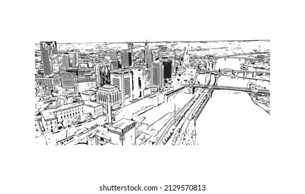 Building view with landmark of Minneapolis is the 
city in Minnesota. Hand drawn sketch illustration in vector.