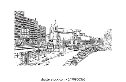Building view with landmark of Minsk, capital of Belarus. Watercolor splash with Hand drawn sketch illustration in vector.