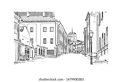 Building view with landmark of Minsk, capital of Belarus. Hand drawn sketch illustration in vector.