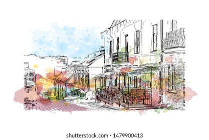 Building view with landmark of Minsk, capital of Belarus. Watercolor splash with Hand drawn sketch illustration in vector.
