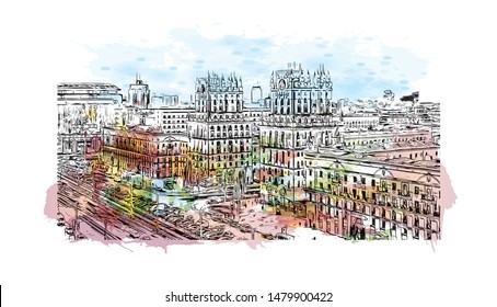 Building view with landmark of Minsk, capital of Belarus. Watercolor splash with Hand drawn sketch illustration in vector.